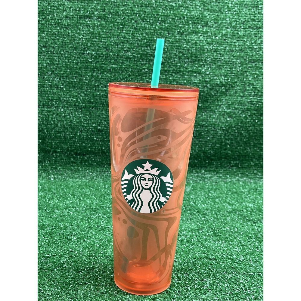 Starbucks Tumbler Orange Swirl Cup With Green‎ Straw 24oz NEW